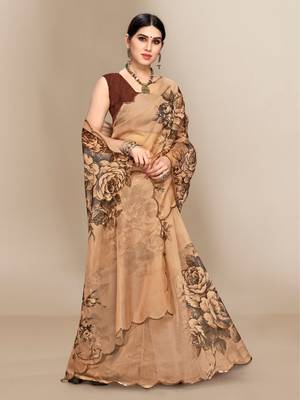 Brown printed organza saree with blouse 4