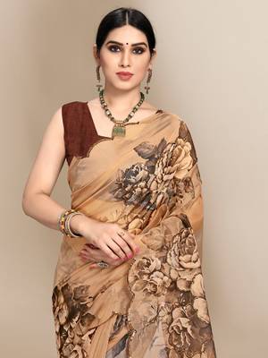 Brown printed organza saree with blouse 5