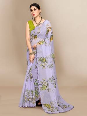 Grey printed organza saree with blouse 1