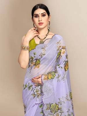 Grey printed organza saree with blouse 5