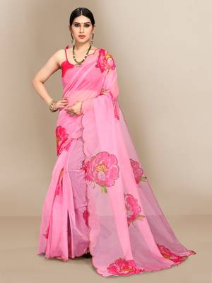 Dark pink printed organza saree with blouse 1