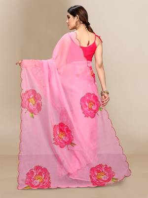 Dark pink printed organza saree with blouse 2