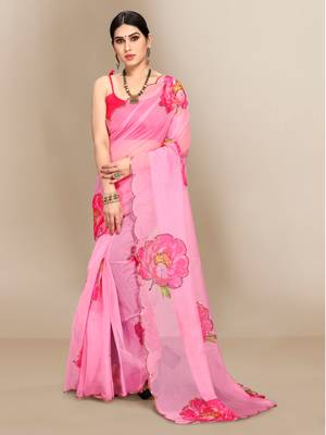 Dark pink printed organza saree with blouse 3