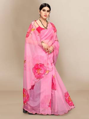 Dark pink printed organza saree with blouse 4