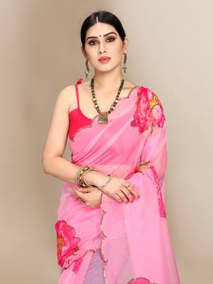 Dark pink printed organza saree with blouse 5