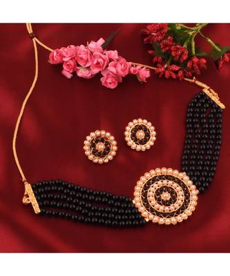 Exclusive Gold Plated Black Pearl Choker Necklace Set For Women 1