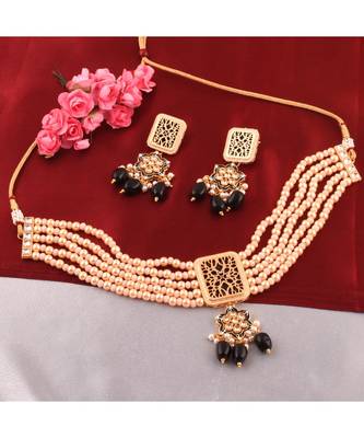 Elegant Gold Plated Black Pearl Choker Necklace Set For Women 1