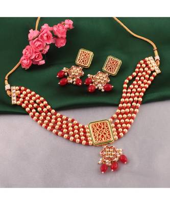 Elegant Gold Plated Red And Golden Pearl Choker Necklace Set For Women 1