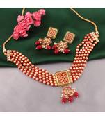 Elegant Gold Plated Red And Golden Pearl Choker Necklace Set For Women
