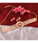Elegant Gold Plated Orange With White Pearl Choker Necklace Set For Women