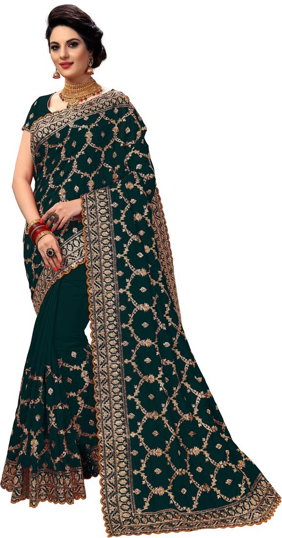 Trendmalls Dark green embroidered silk blend Party Wear Saree With Blouse