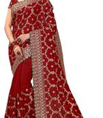 Trendmalls Red embroidered silk blend Party Wear Saree With Blouse
