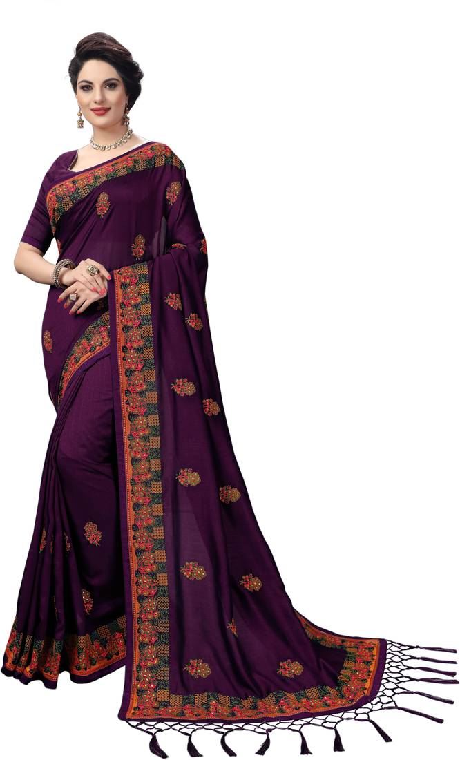 Trendmalls Purple embroidered satin Party Wear Saree With Blouse