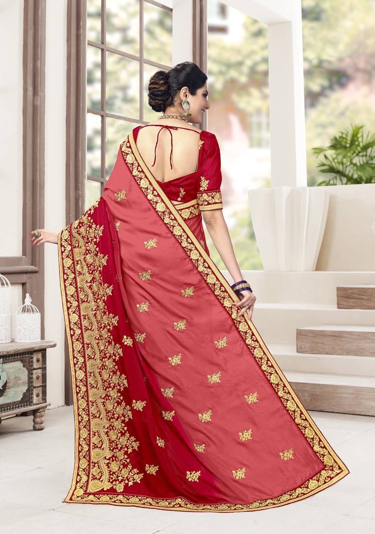 Trendmalls Red embroidered silk blend Party Wear Saree With Blouse
