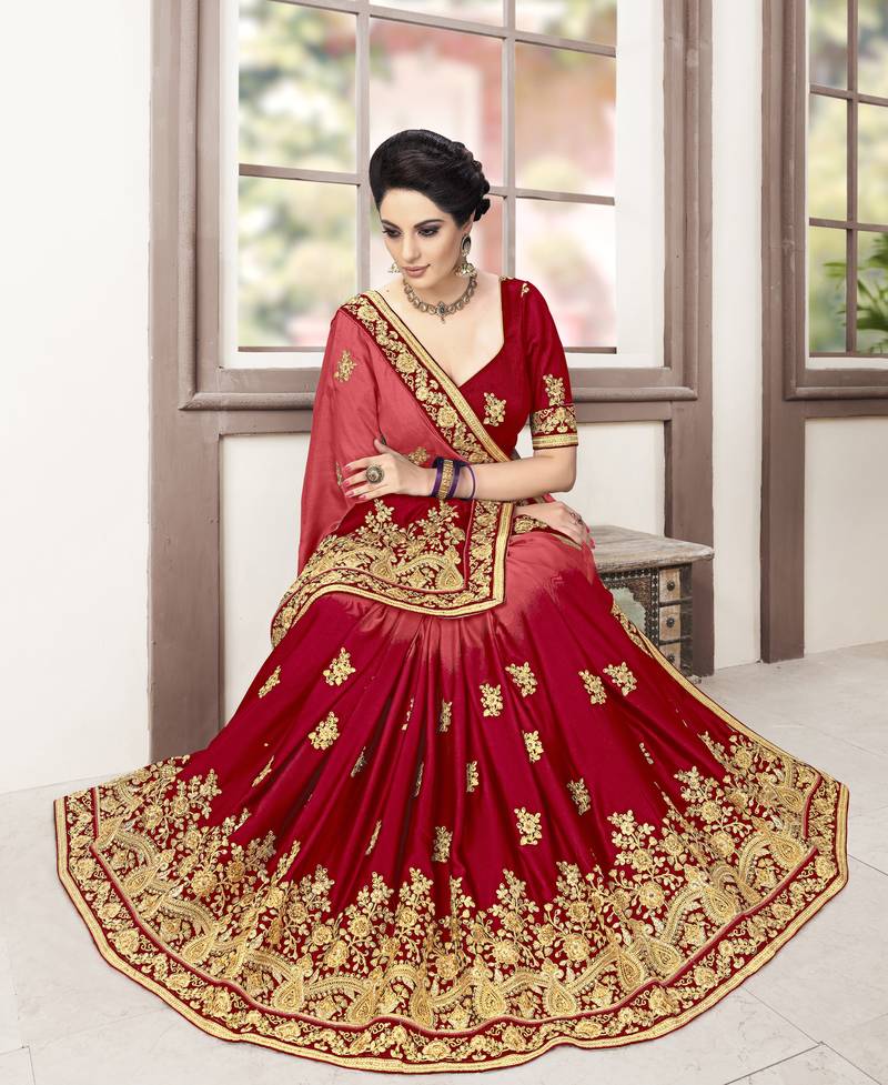 Trendmalls Red embroidered silk blend Party Wear Saree With Blouse