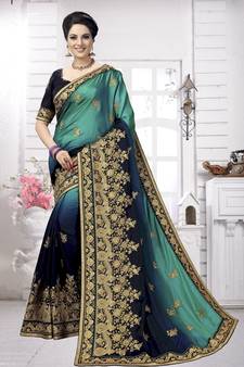 Blue embroidered silk blend saree with blouse