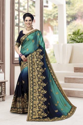 Blue Embroidered Silk Blend Party Wear Saree With Blouse