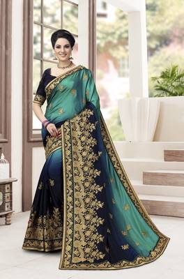 Trendmalls Blue Embroidered Silk Blend Party Wear Saree With Blouse 1