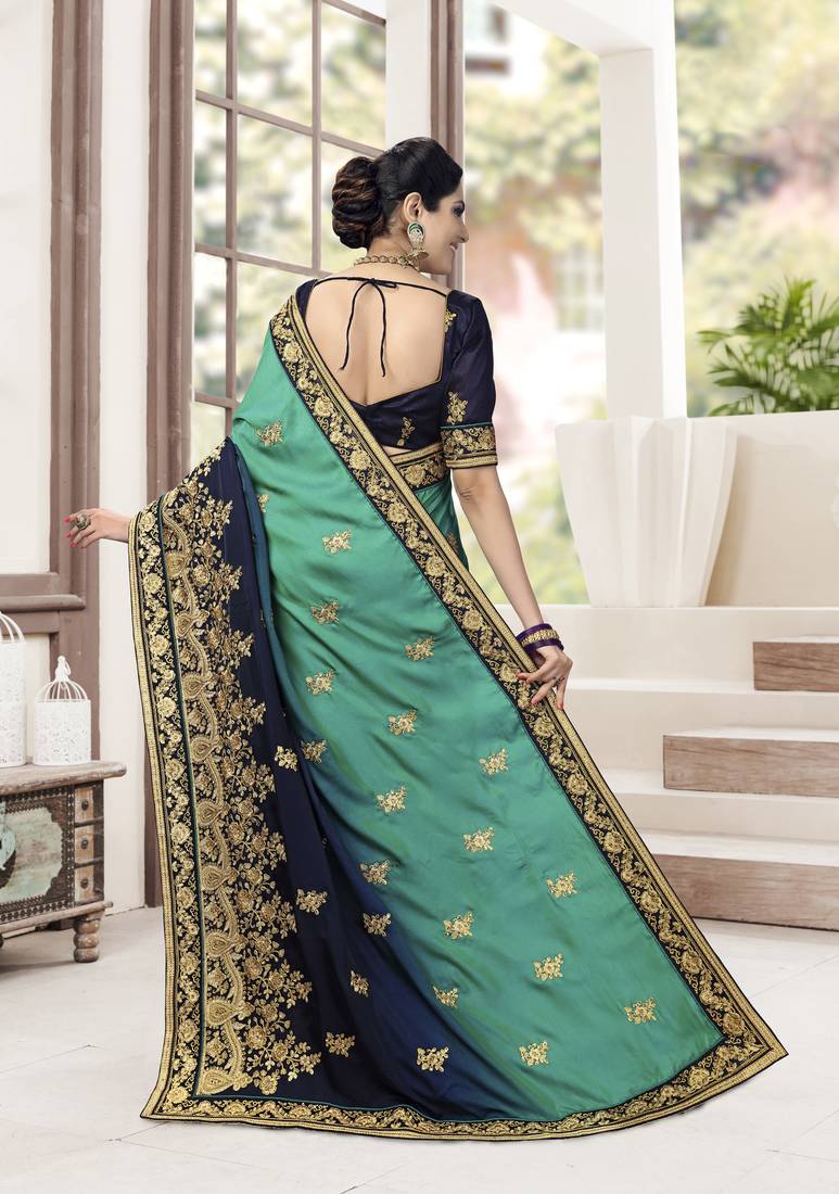 Blue Embroidered Silk Blend Party Wear Saree With Blouse