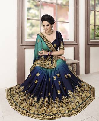Trendmalls Blue Embroidered Silk Blend Party Wear Saree With Blouse 3