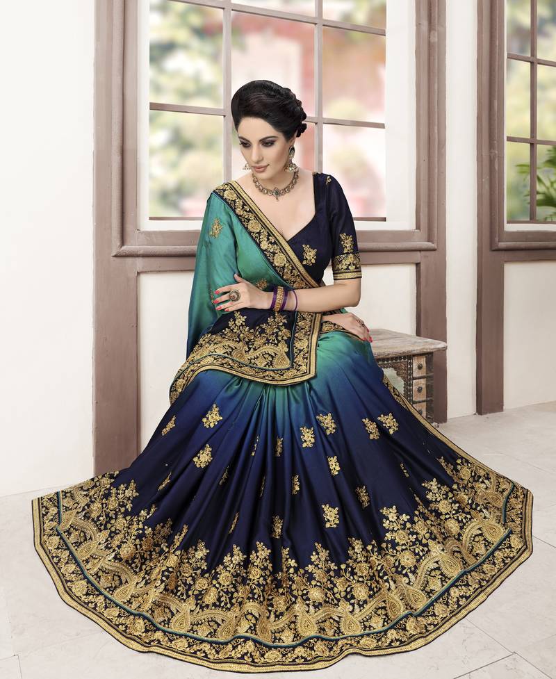 Blue Embroidered Silk Blend Party Wear Saree With Blouse