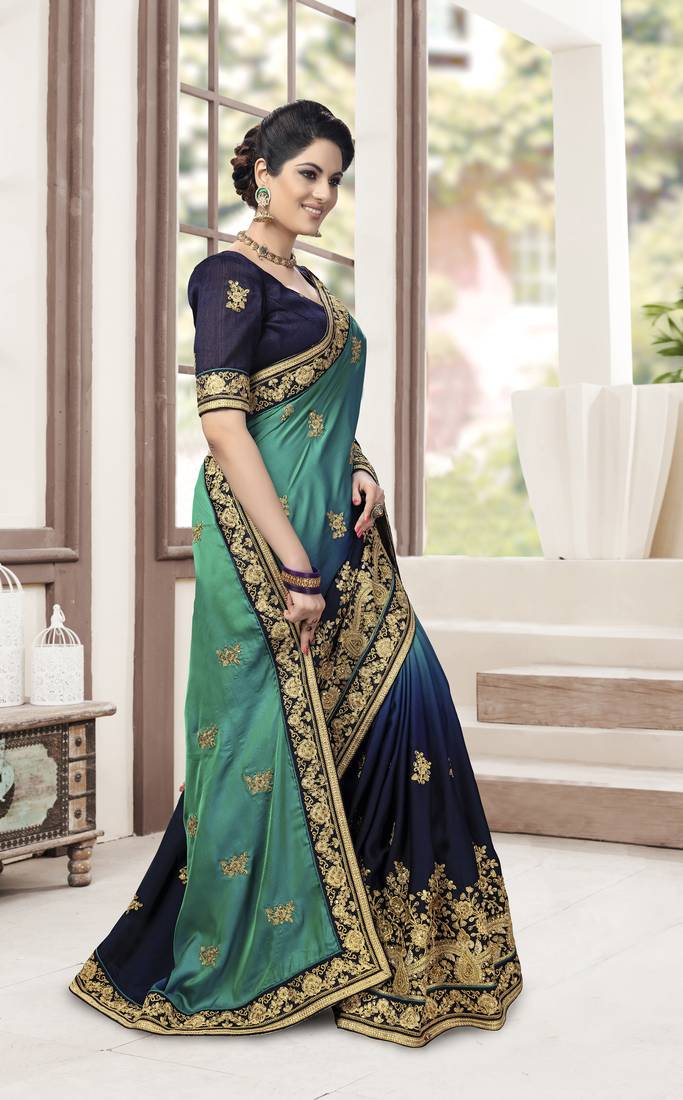 Blue Embroidered Silk Blend Party Wear Saree With Blouse