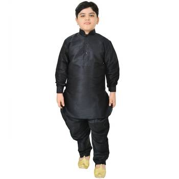 Black Silk Printed Boys Kurta Pyjama 1