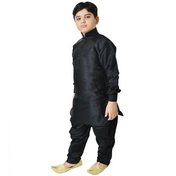 Black Silk Printed Boys Kurta Pyjama 3