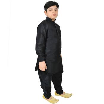 Black Silk Printed Boys Kurta Pyjama 4