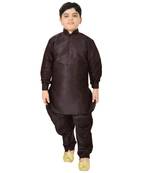 Brown Silk Printed Boys Kurta Pyjama