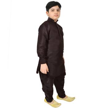 Brown Silk Printed Boys Kurta Pyjama 4