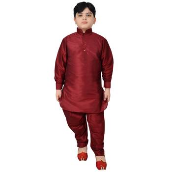 Maroon Silk Printed Boys Kurta Pyjama 1