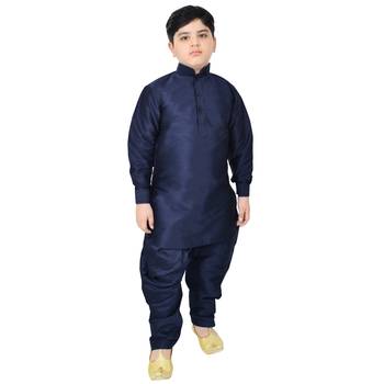 Blue Silk Printed Boys Kurta Pyjama 1