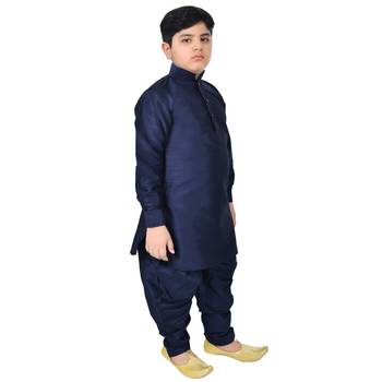 Blue Silk Printed Boys Kurta Pyjama 4