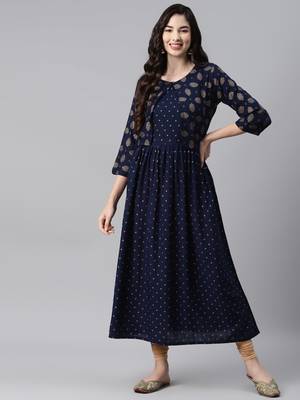 Navy-blue printed cotton ethnic-kurtis 1