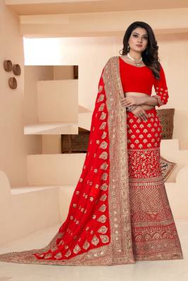 Red color georgette Half & Half Lehenga Style Saree 1