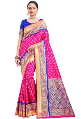Pink woven faux kanjivaram silk saree with blouse 1