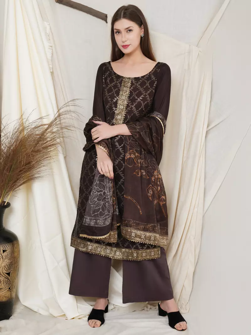 Brown embroidered chiffon salwar