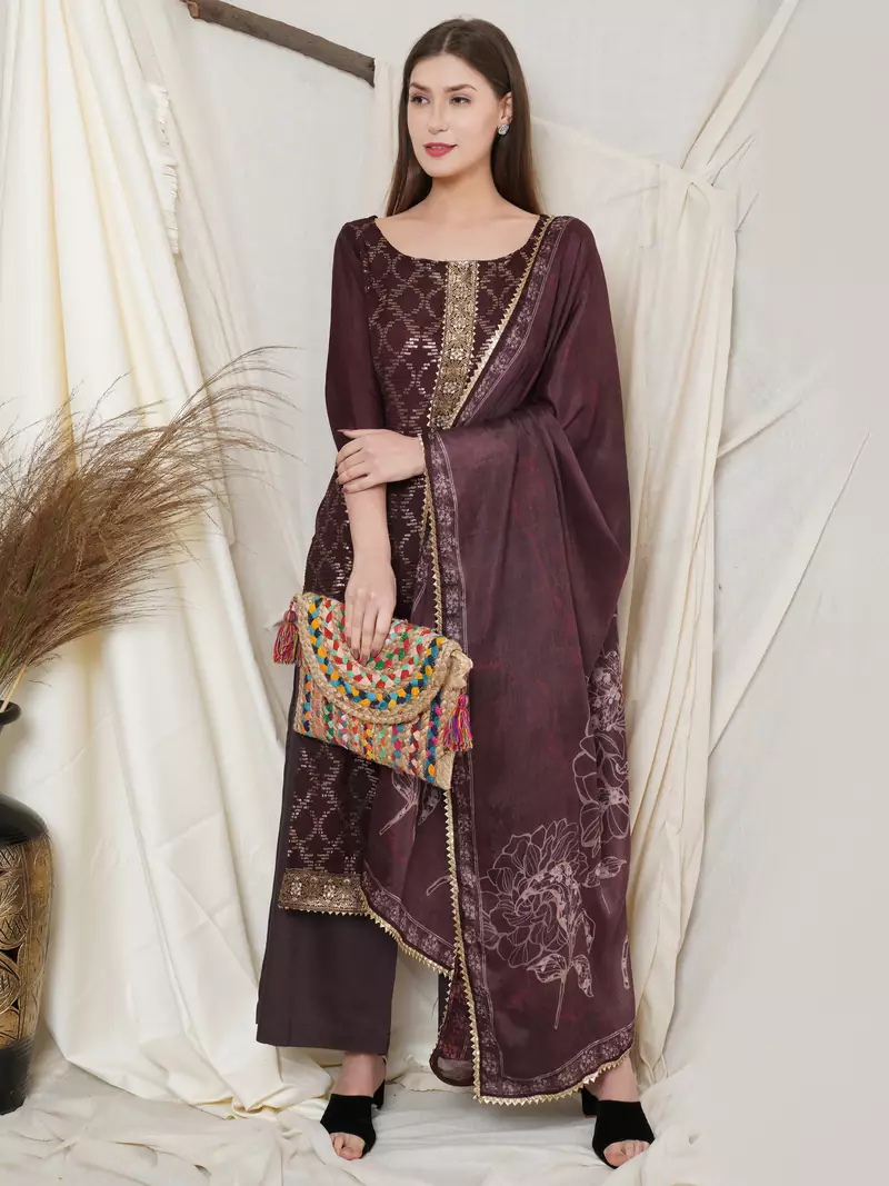 Wine embroidered chiffon salwar