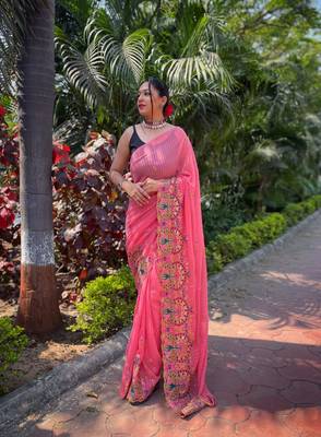 PINK GEORGETTE DESIGNER MULTI SEQUINS embroidery SAREE 1