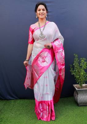 Pink woven art silk saree with blouse 1