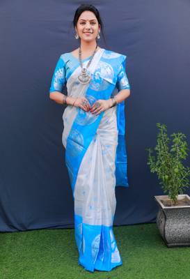 Blue woven art silk saree with blouse 1