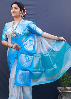 Blue woven art silk saree with blouse 4