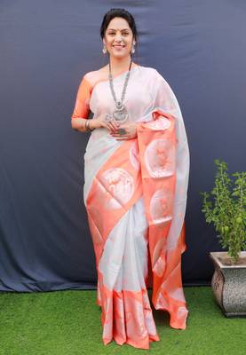 Peach woven art silk saree with blouse 1