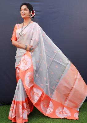 Peach woven art silk saree with blouse 2