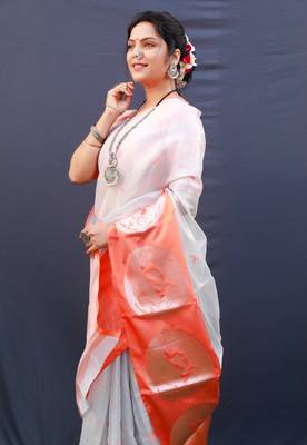 Peach woven art silk saree with blouse 4