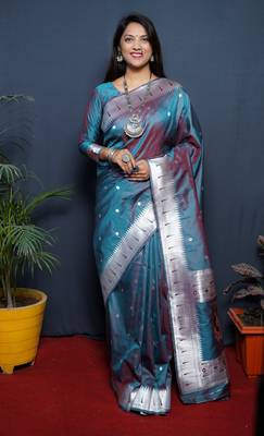 Blue woven paithani silk saree with blouse 1