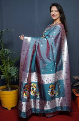 Blue woven paithani silk saree with blouse 2