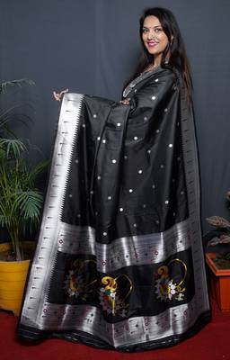 Black woven paithani silk saree with blouse 2