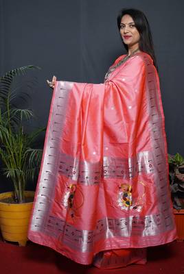 Peach woven paithani silk saree with blouse 2